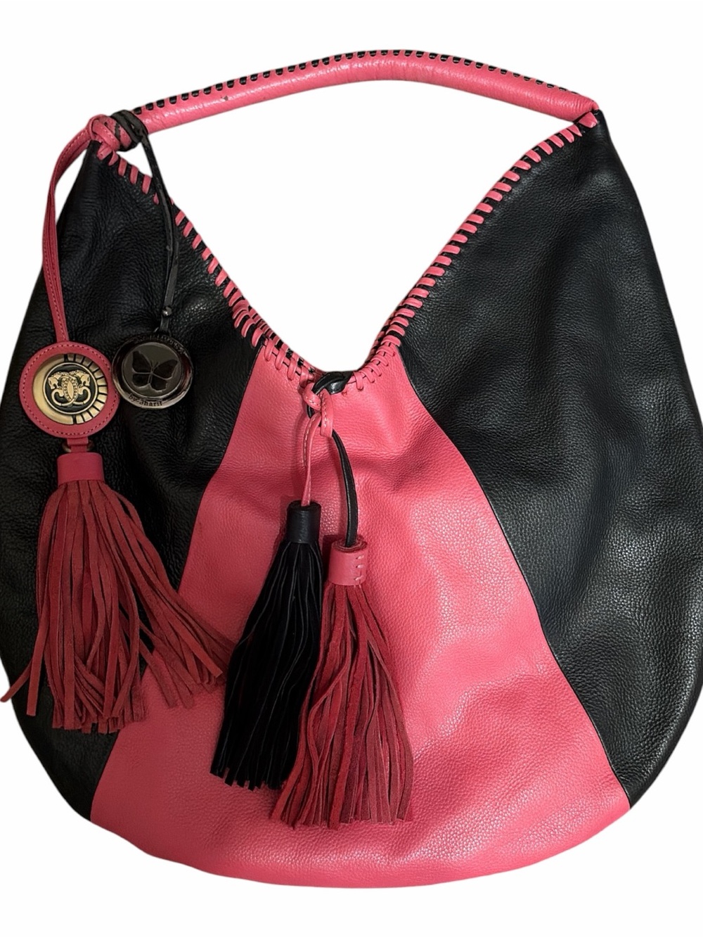 Sharif Pink & Black Leather Hobo Bag with Tassel Accents